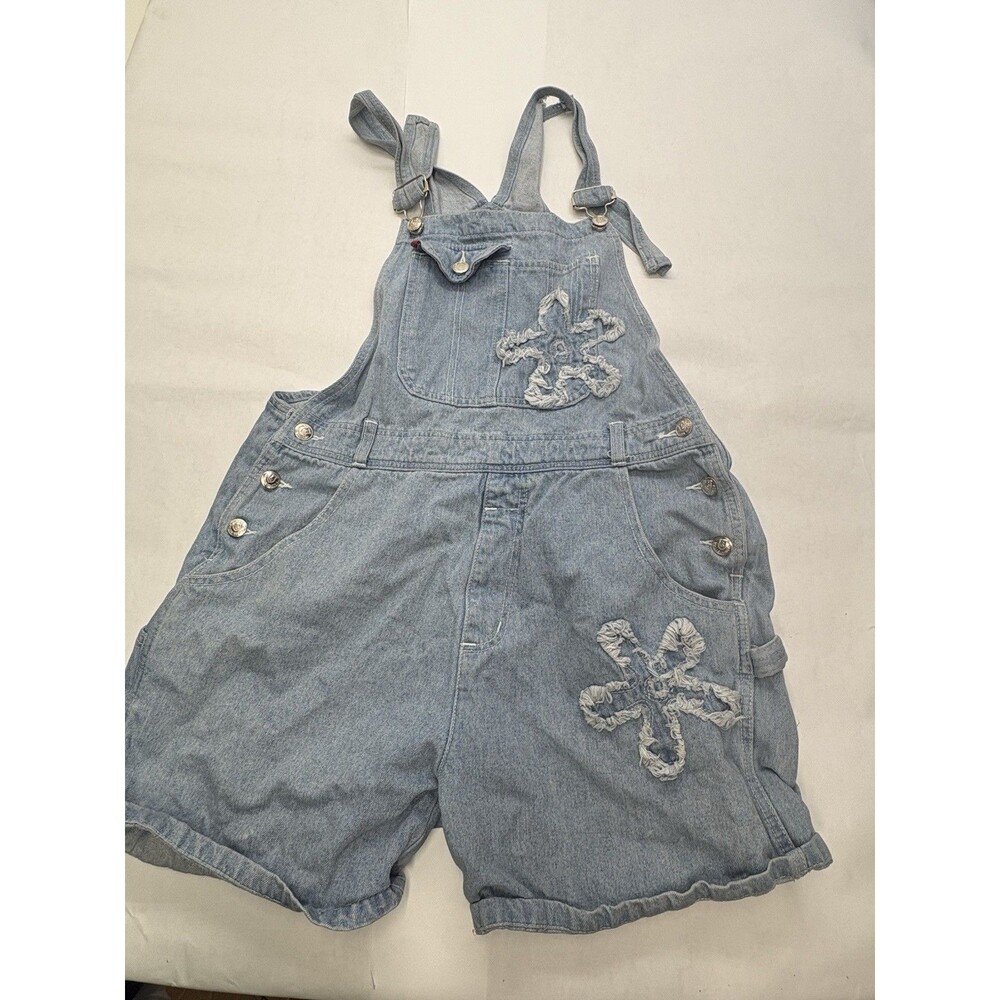 Vintage Angels Sassy Denim Shortalls Womens Small Floral Applique Jean Overall S